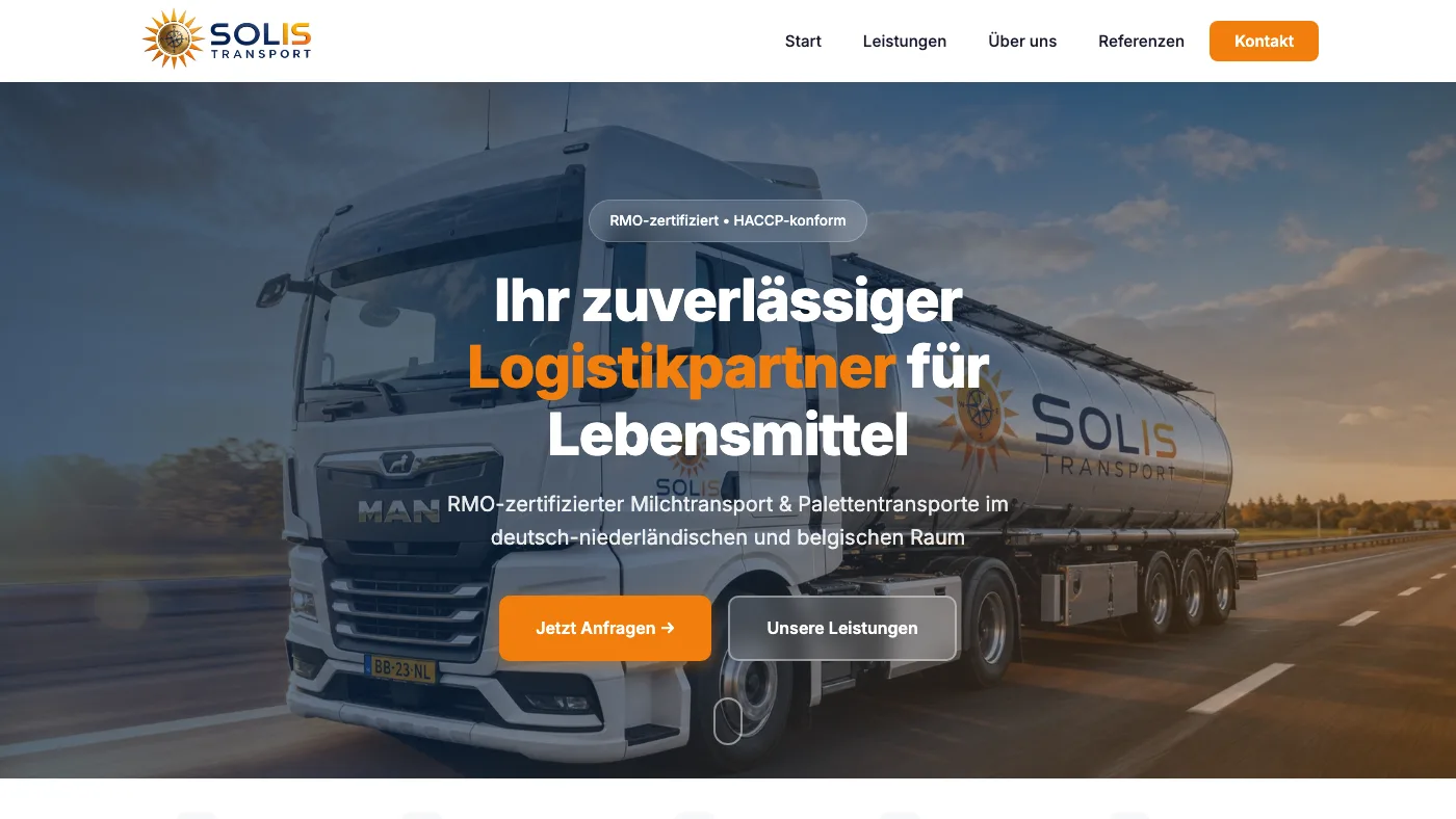 Solis Transport — Startseite mit Tanksattelzug und dem Versprechen zuverlässiger Lebensmittellogistik