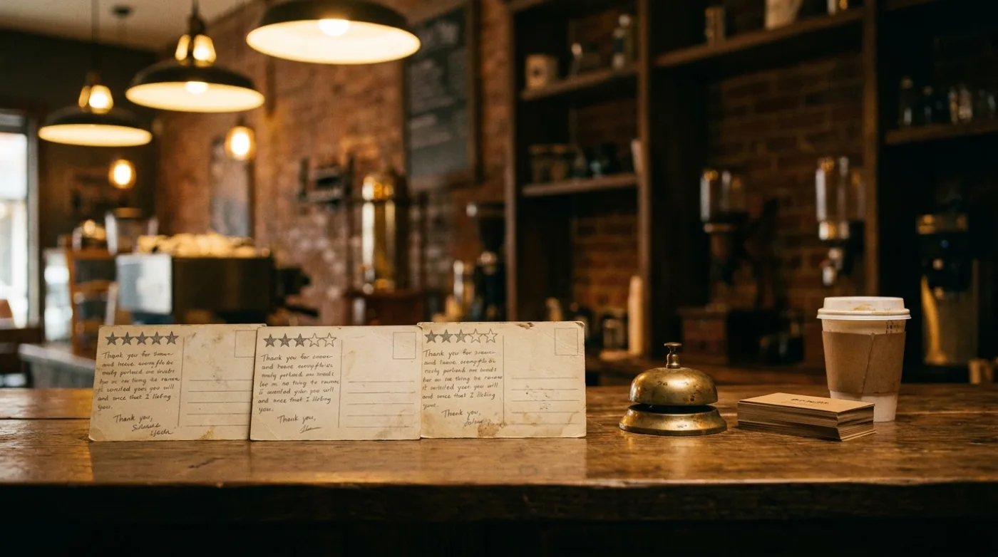 Drie handgeschreven beoordelingskaartjes met getekende sterren op een warme houten cafétoonbank