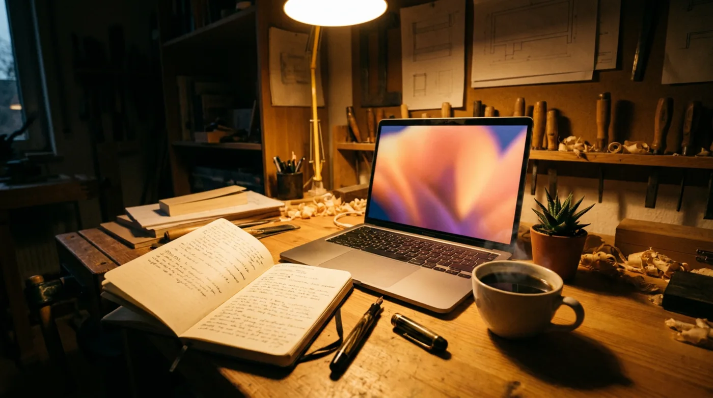 Opengeklapte laptop in warm avondlicht op een bureau met notitieboek, koffie en een plant