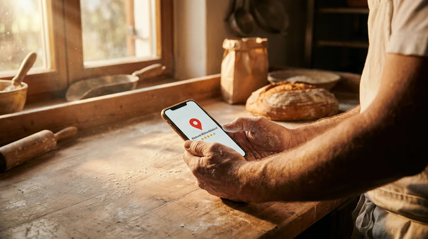 Handen houden een smartphone met een Google Maps-speld boven een rustieke bakkerstoonbank in warm ochtendlicht
