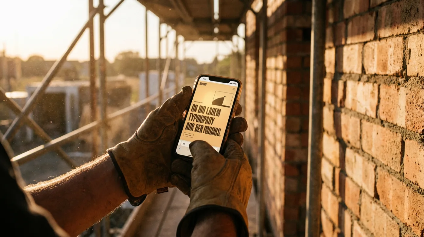 Handen met werkhandschoenen houden een smartphone vast op een bouwplaats in warm avondlicht