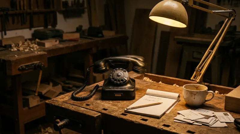 Rinkelende ouderwetse telefoon op een werkplaatsbureau met notitieblaadje en visitekaartjes