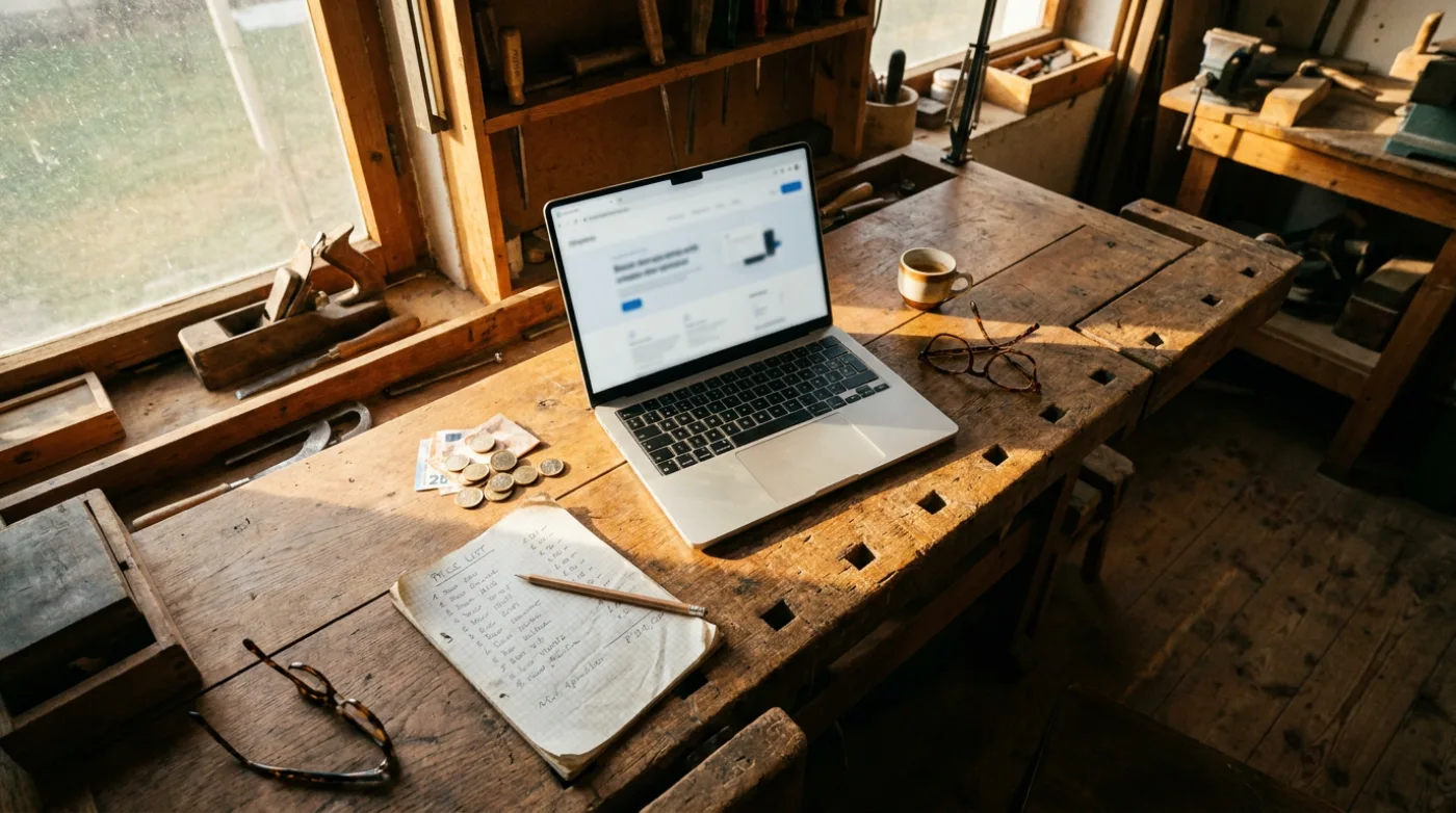 Opengeklapte laptop met een stapel euro's, prijslijst, leesbril en espresso op een houten bureau in warm licht