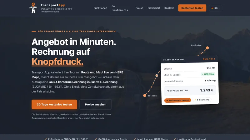 TransportApp — Startseite der Frachtkalkulations-Software mit Angebotsübersicht