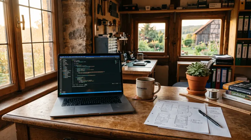 Laptop mit Programmcode auf Holzschreibtisch in warmem Abendlicht