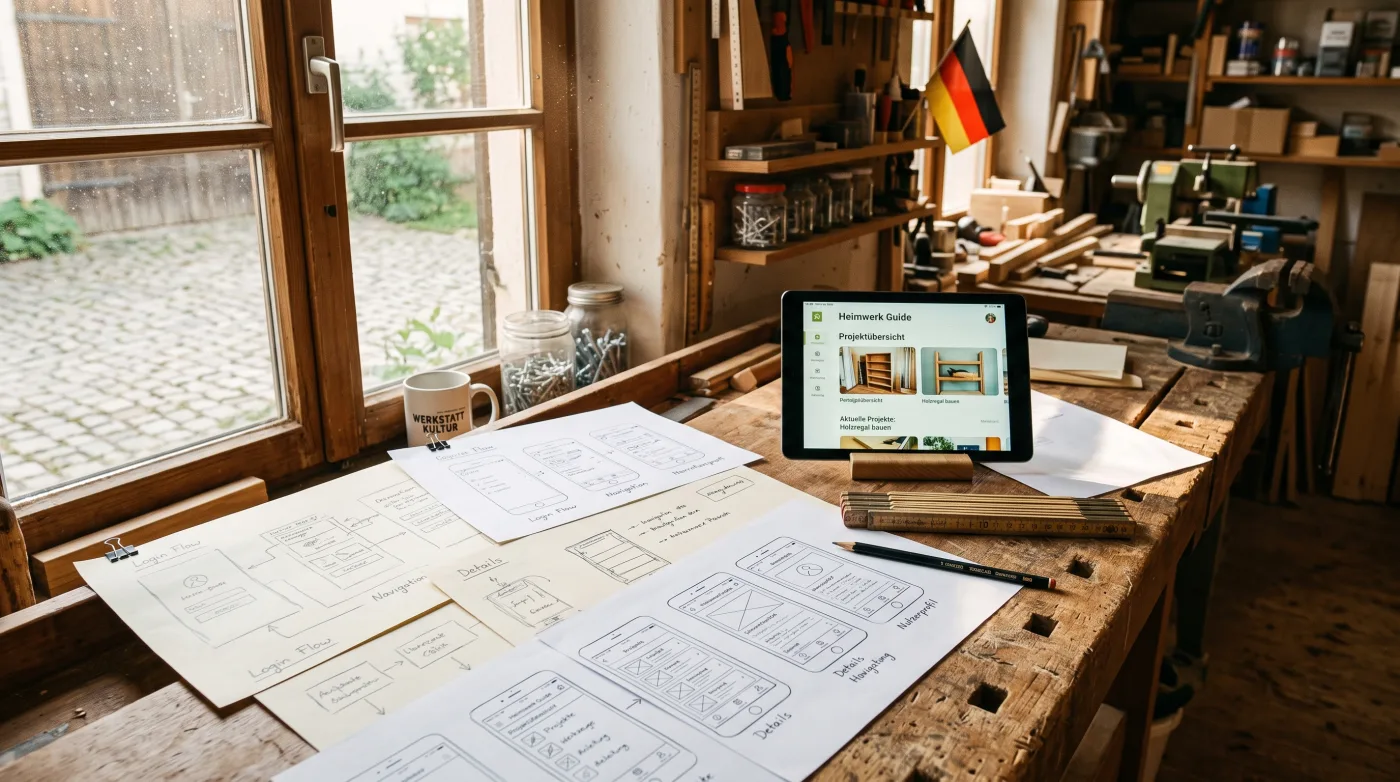 Papier-Skizzen und Wireframes einer App auf einer Werkbank, daneben ein Tablet mit der fertigen Oberfläche