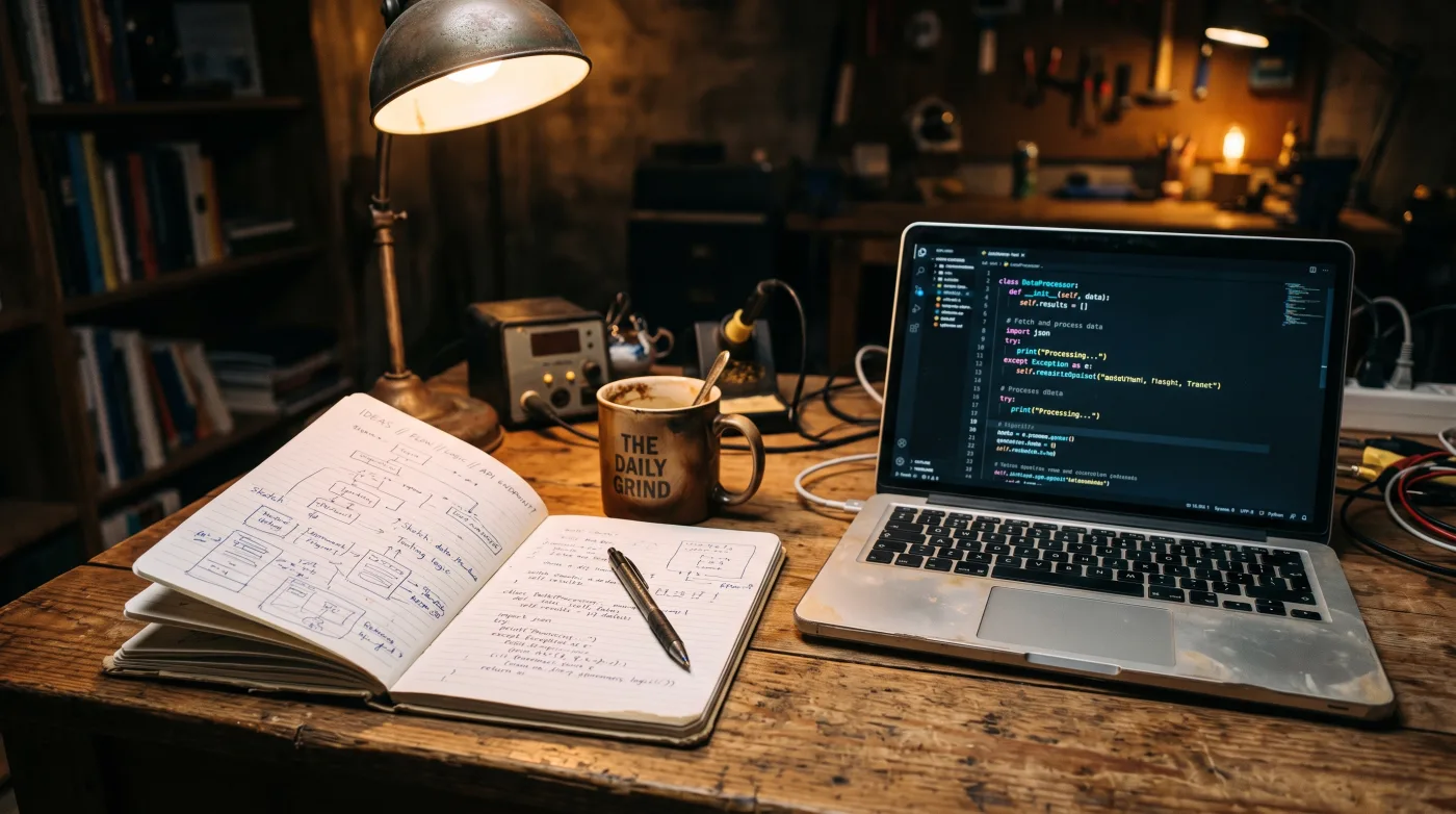 Notizbuch mit handschriftlichen Skizzen neben Laptop mit Programmcode in warmem Lampenlicht
